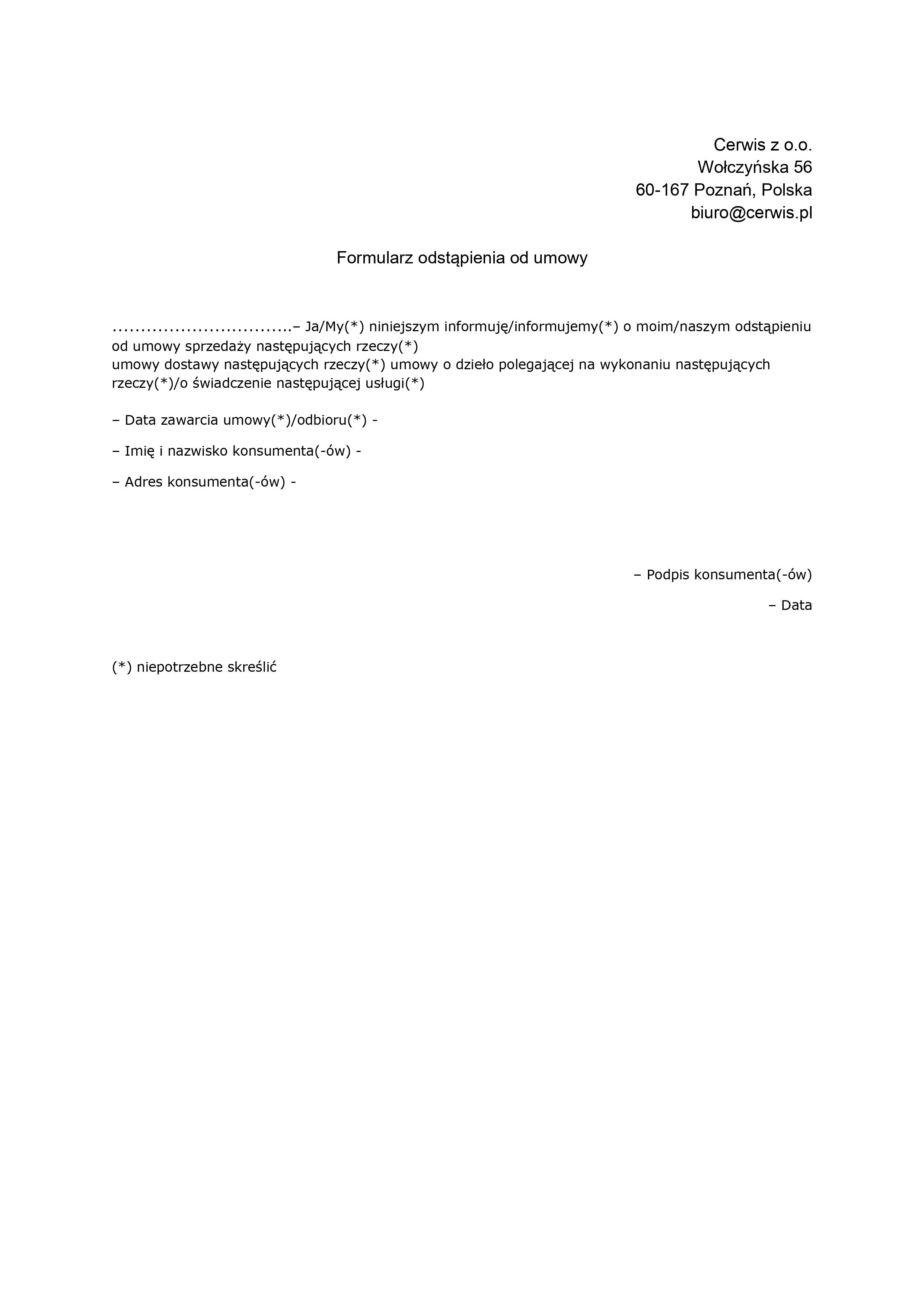 Formularz odstapienia od umowy